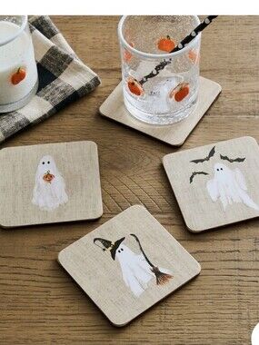 NEWPottery Barn Set of 4 Halloween Ghost Coasters - Neutral Linen Look